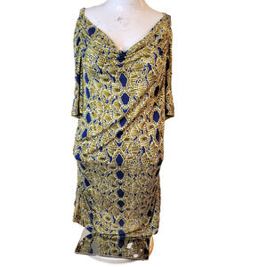 Cynthia Rowley XL Dress women stretch sheath 3/4 sleeve geometric midi v-neck